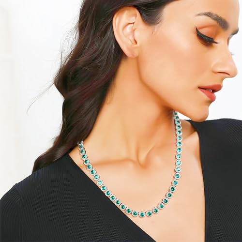 Gemsme 18K White Gold Plated Halo Necklace 5.0mm Round Cubic Zirconia Classic Tennis Necklace - color: White Gold - Green, size: 20 inch