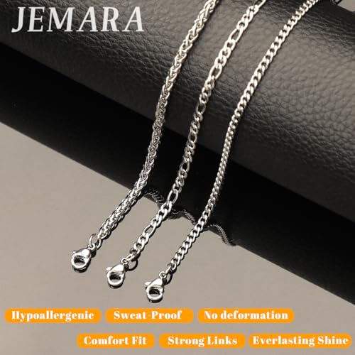 JEMARA 3Pcs Men's Stainless Steel 3mm Silver Chain Necklace Sets ，Non Tarnish Cuban Link Jewelry Gifts（18-22 inch） - size: 20 inches
