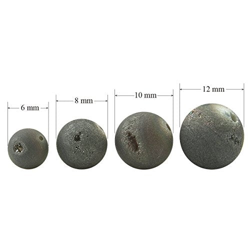 RUBYCA Round Dyed Electroplated Druzy Agate Quartz Crystal Gemstone Beads (1 Strand, Grey, 6mm) - color: Dark Grey, size: 6mm