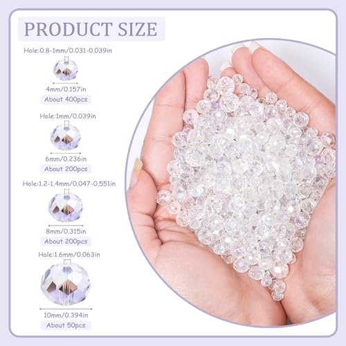 850Pcs 4/6/8/10mm Crystal Glass Beads for Jewelry Making Faceted Rondelle Flat Beads for Bracelets Necklace Earrings DIY Crafts(White Crystal AB Bead) - color: White AB