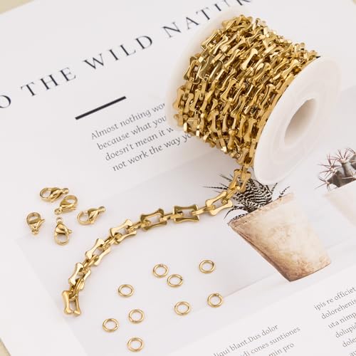 SMYHTGLIF 6.5 Feet Gold Unsoldered Bone Jewelry Making Chain Bulk Stainless Steel Craft Chain Spool for Jewelry Making - color: Bone Gold