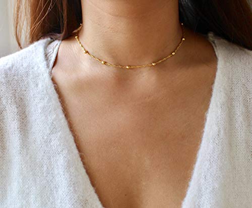 MEVECCO Dainty Gold Chain Choker Necklace 14K Gold Plated Handmade Boho Cute Tiny Beaded Link Choker Necklace Delicate Simple Minimalist Choker Necklace for Women - style: bead chain