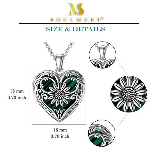 SOULMEET Personalized Silver Locket Necklace That Holds Pictures Photo Keep Someone Near to You, Memorial Custom Lockets Necklaces Letters Engraving for His Her - color: N3-Malachite sunflower-Black, style: Locket+Custom Photo+Engraved