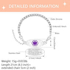 Women's Medical ID Bracelet with White Zircon Tennis Chain, Interchangeable Engraved Plate, Adjustable Lobster Clasp, Lightweight, Hypoallergenic, for Running, Outdoor, Daily Wear - color: Purple-CANCER