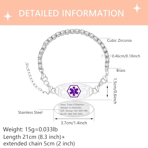 Women's Medical ID Bracelet with White Zircon Tennis Chain, Interchangeable Engraved Plate, Adjustable Lobster Clasp, Lightweight, Hypoallergenic, for Running, Outdoor, Daily Wear - color: Purple-CANCER