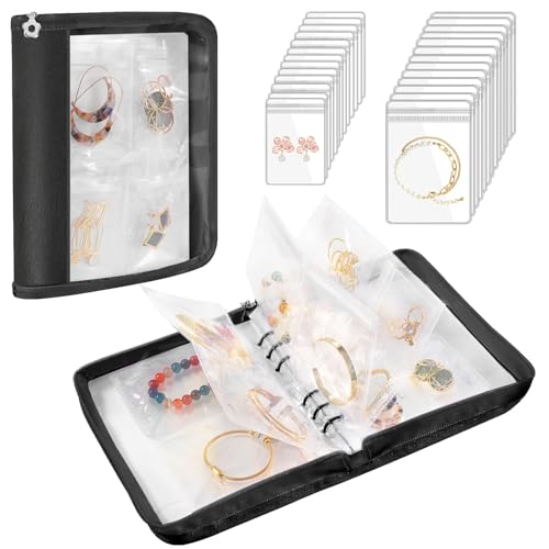 Emibele Travel Jewelry Organizer Case, Jewelry Storage Book Transparent Jewelry Binder with 96 Portable Anti Tarnish Clear Zippered Pouch Bags for Necklaces Bracelet Earrings Rings, Black - color: black