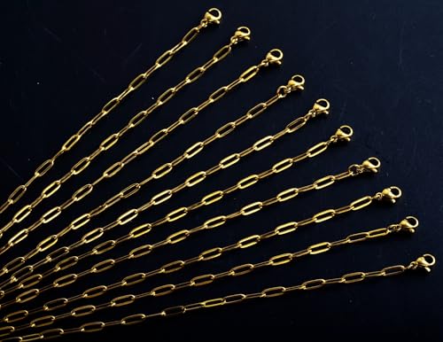 Gold Paperclip Chain Necklace for Women 10pcs 18inch 3X9mm Gold Chains for jewelry Making Stainless Steel Filled 18K Gold Plated Chains Bulk Adjustable Link Chains - size: 24inch 10pcs