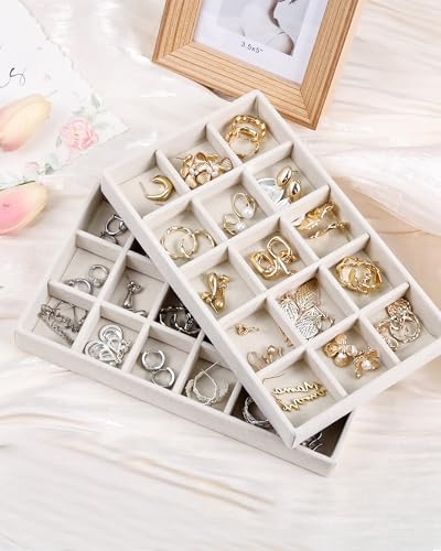 Stackable Jewelry Organizer Trays with Removable Dividers, 2-Tray Beige Jewelry Drawer Organizer Set for Earrings, Necklaces, Rings & Bracelets Gift for Her