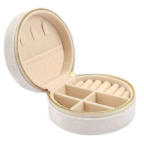 DesignSter Travel Jewelry Box - Velvet Mini Jewelry Organizer, Small Jewelry Case for Girls Women, Jewelry Storage Box for Rings Earrings Necklace (Circular, Cream Beige) - color: Cream Beige, size: Circular