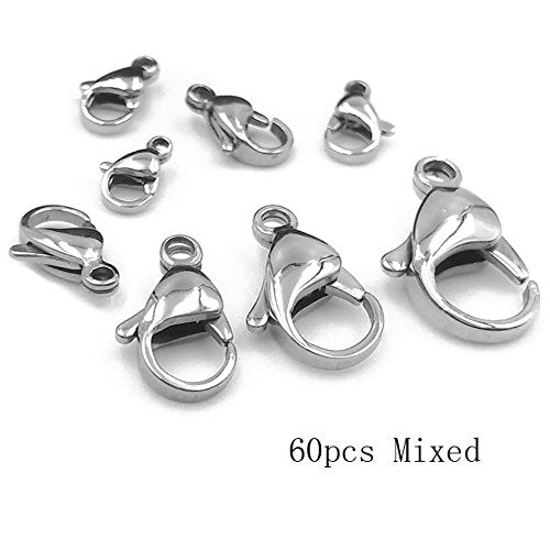 60pcs Grade A 304 Stainless Steel Lobster Clasps Claw Clasps for Bracelet Necklace Jewelry Making Findings (Mixed 60pcs-M055) - size: Mixed