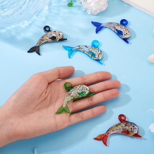 FASHEWELRY 5Pcs Large Lampwork Dolphin Charms Transparent Cute Glass Ocean Animals Penadants Cartoon Sea Fish Charms for DIY Bracelet Jewelry Making - color: Transparent Dolphin-Sequins