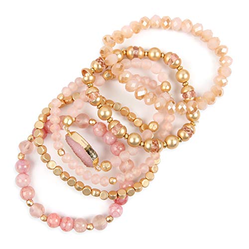 RIAH FASHION Bohemian Acrylic Druzy Multi-Layer Bead Statement Bracelet - Versatile Faux Stone Pendant Stretch Strand Stackable Cuff Bangle Set Sparkly Crystal - color: Bohemian Oval Druzy Set - Pink