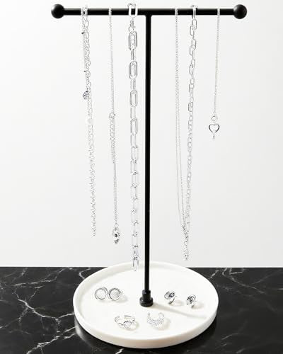 VROOMIUM Necklace Holder Stand - 6in Ceramic Base X 1ft Height, Aesthetic Decor for Bedroom, Jewelry Organizer for Necklace, Bracelets, Rings, Exhibidor de Collares- Chic White - color: Cir. Chic White