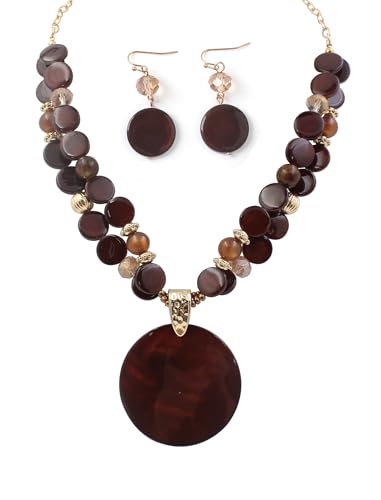 Layered Beads Statement Fashion Necklace Chunky Jewelry Set Big Colorful Glass Stone Circle Shell Pendant Choker Necklace and Earring Set for Women - color: Brown