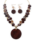 Layered Beads Statement Fashion Necklace Chunky Jewelry Set Big Colorful Glass Stone Circle Shell Pendant Choker Necklace and Earring Set for Women - color: Brown