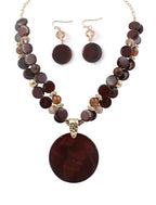 Layered Beads Statement Fashion Necklace Chunky Jewelry Set Big Colorful Glass Stone Circle Shell Pendant Choker Necklace and Earring Set for Women - color: Brown