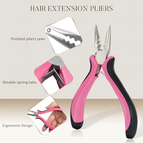 Hair Extension Tools Kit, 500 Silicone Lined Micro Rings, 1 Plier, 1 Threader, 1 Crochet Hook, 8 C/J/I Needles, 5 Clips, 1 Comb, 5 Sewing Threads,100 Mini Rubber Bands with Storage Case - color: Pink