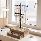 Meangood Jewelry Organizer Stand, 3-Tier Necklace Holder Jewelry Tree with Wooden Storage Drawer Box for Necklace Bracelet Earring Ring, Carbonized Black - color: Carbonized Black