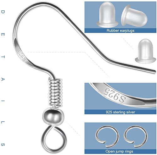 925 Sterling Silver Earring Hooks, 750PCS Earring Hooks Kit 250PCS/125Pairs Hypoallergenic Ear Wires with 250PCS Silver Open Jump Rings and 250PCS Rubber Backs Earwire for Jewelry Making - size: 750pcs-silver