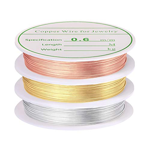 3 Pack Jewelry Wire - 22 Gauge Tarnish Resistant Copper Beading Wire for Jewelry Making, 0.6mm X 4m Each (Gold, Silver, Rose Gold)