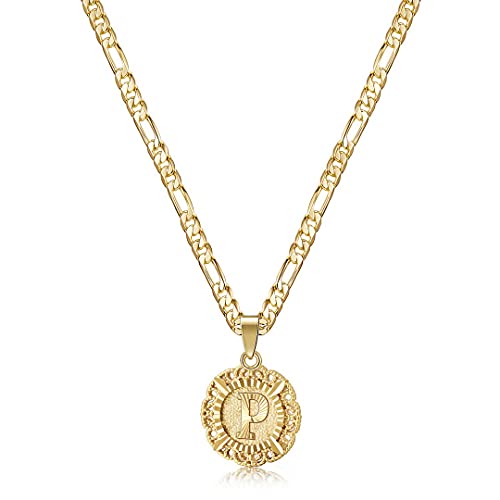 KissYan Initial Necklaces for Women, 14K Gold Plated Round Letter Pendant Capital Monogram Necklace Alphabets from A-Z Figaro Chain Jewelry - color: Gold, style: P