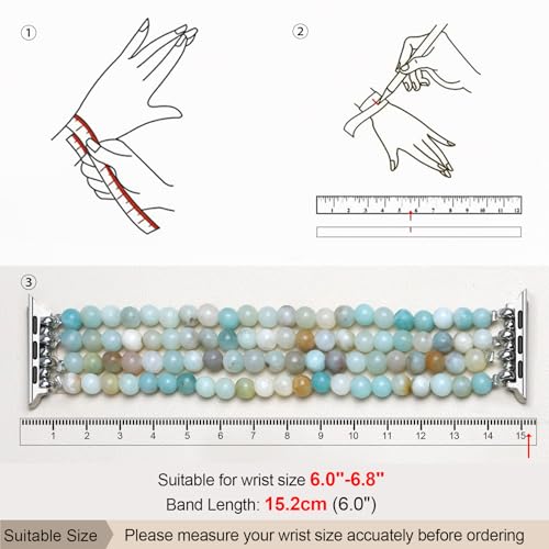 Newlibery Natural Stone Bracelet Beaded-Band Women Compatible with Apple Watch 42mm(S3/2/1) 44/45/46/49mm Feminine Handmade Stretch Strap for iWatch Series 11/10/9/8/7/6/5/4/3/2/1 SE 3/2/1 Ultra1/2/3 - color: A3 Light green and white, size: 46(S10/11)/49/
