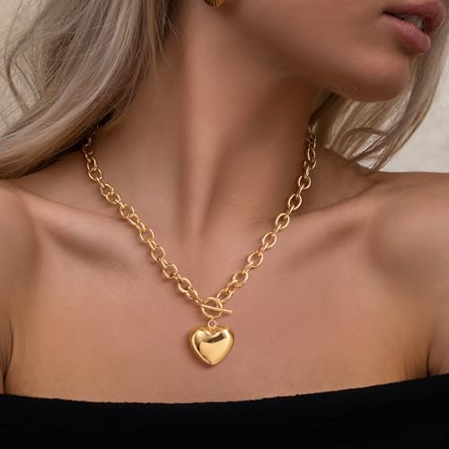 CHESKY 14K Gold Plated Chunky Necklace for Women, Trendy Paperclip Chain Necklace Thick Cross Heart Pendant Necklace Layered Herringbone Cuban Link Chain Toggle Necklaces Non Tarnish Jewelry - color: gold, style: heart