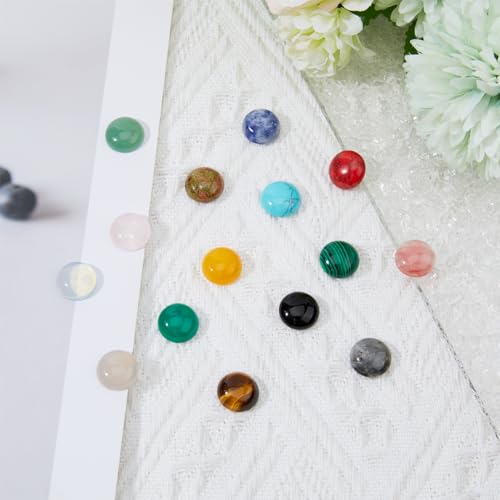 SUPERFINDINGS 30PCS Gemstone Cabochons 15 Styles Flat Round Cabochons 1.4cm/0.55in Crystal Quartz Stone for Earring Necklace Bracelet Jewelry Making - size: 14mm