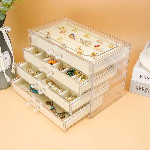 Weiai Acrylic Jewelry Organizer, Clear Jewelry Box with 4 Drawers, Jewelry Case Storage for Women (Beige) - color: Beige