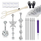 Yugui Belly Button Piercing Kit 17PCS - Body Piercing Kit with Navel Rings Piercing Pliers Disposable 12G 14G Stainless Steel Piercing Needles Tools for DIY Piercing Self Belly Piercing Kit, Silver