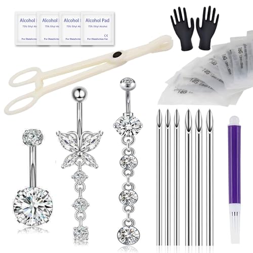 Yugui Belly Button Piercing Kit 17PCS - Body Piercing Kit with Navel Rings Piercing Pliers Disposable 12G 14G Stainless Steel Piercing Needles Tools for DIY Piercing Self Belly Piercing Kit, Silver