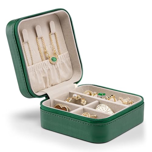 Vlando Small Travel Jewelry Box Organizer Display Storage Case for Girls Women Gift Rings Earrings Necklaces, Dark Green - color: Dark Green