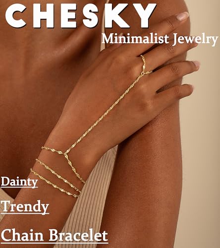 CHESKY 14K Gold Plated Hand Chain Bracelets for Women Set - Dainty Finger Ring Bracelet Stack Adjustable Hand Chains Durable Beaded Bracelets Trendy Simple Body Jewelry Gift for Women - style: 3lips bracelet-gold