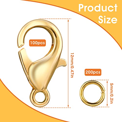 Grevosea 300PCS Lobster Claw Clasps with Open Jump Rings 12mm Metal Lobster Clasps for DIY Craft Bracelet Jewelry Making (Gold, Clasp: 12x7mm+Ring:5mm)