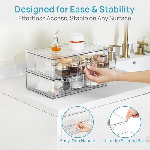 Vtopmart 12.1''W Clear Stackable Storage Drawers,2 Pack Acrylic Plastic Organizers Bins for Makeup Palettes, Cosmetics, and Beauty Supplies,Ideal for Vanity, Bathroom,Cabinet,Desk Organization - style: 2pack Wide