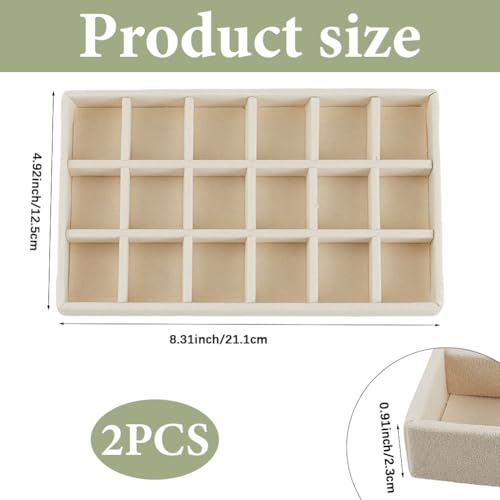 2Pcs 5 x 8.3 Inch Jewelry Box Tray Velvet Jewelry Drawer Insert Antique White 18 Grids Divided Stackable Necklace Storage Container Dresser Drawer Case for Earring Rings Display Showcase - style: White 18 Grids