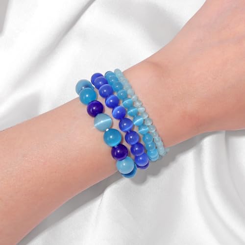 Vinswet 4pcs Beaded Bracelets for Women,Natural Healing Crystal Gemstones Bracelet,Anxiety Stress Relief Bracelet Handmade purple Jewelry Gifts for Women - color: Light blue cat eyes&Blue cat eyes&Dark blue cat eyes