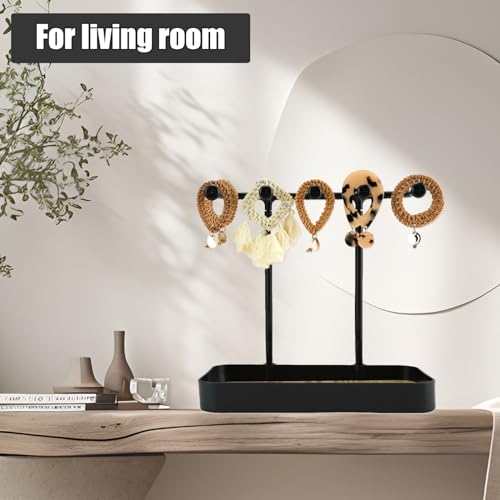 WCHOSOZH Jewelry Organizer Stand, Necklace Holder with Wooden Tray 5 Storage Hooks, Earring Holder with 5 Pcs Jewelry Bags for Bracelet,Chains,Rings,Earrings,Keys Watches,Necklaces (Black) - color: BLACK