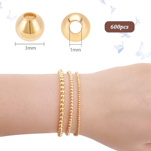 PH PandaHall 600pcs 18K Gold Beads 3mm Beads for Bracelet Making Seamless Smooth Beads Long-Lasting Waist Beads Metal Brass Beads for Bikini Belly Chain Layered Bracelet Satellite Jewelry Making - size: 3mm