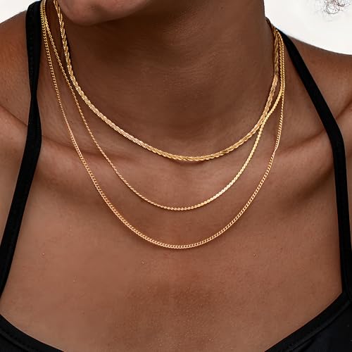 3PCS Gold Necklaces for Women,Chunky Statement Gold Plated Necklace Stack Layered Sterling Silver Herringbone Chains for Women Dainty Trendy Silver Chains Stacked Jewelry Gifts - color: gold rope necklace set