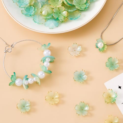 100pcs Cherry Blossom Beads, 5-Petal Green Gradient Acrylic Flower Beads, Mini Spacer Hair Accessories Halloween Christmas for Bracelets Earring Jewelry Making - color: Green