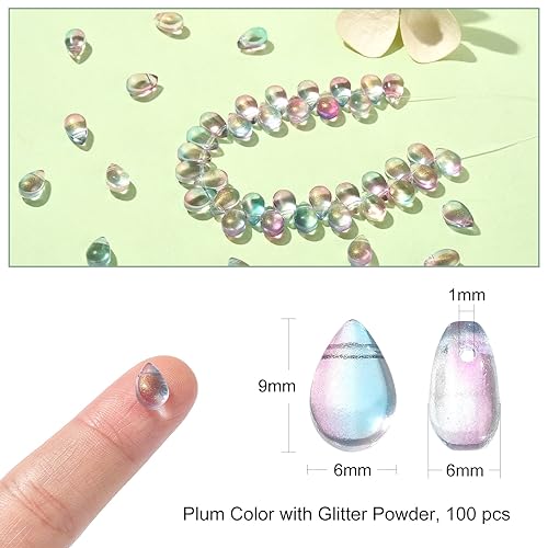 UR Urlifehall 100 Pcs Glass Teardrop Charms Transparent Spray Painted Glass Beads with Glitter Powder Beads for DIY Jewelry Crafts Making - color: 100pcs-9x6x6mm-glass teardrop beads