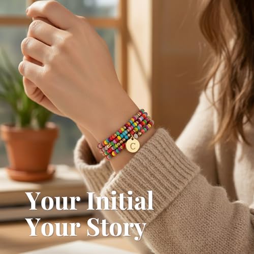 Set of 4 Colorful Bead Initial Bracelets, Personalized Stackable Jewelry, Adjustable Stretchy Charm Bracelets for Women, Beaded Bracelet Set, Trendy Custom Jewelry Gift - style: Colorful Bead - C