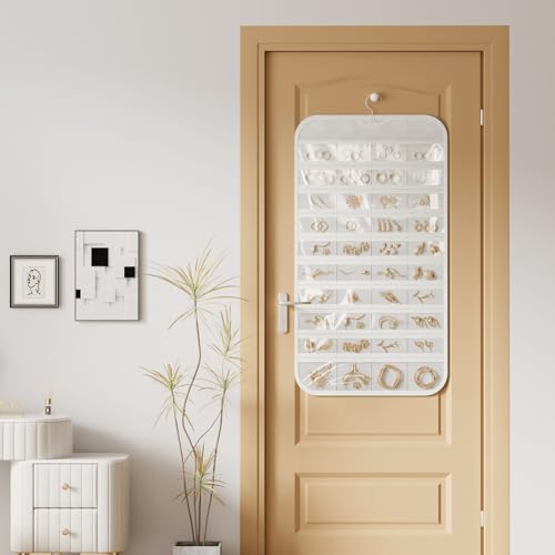 1 Pack Hanging Jewelry Organizer 80-Pocket Dual-sided Jewelry Storage for Earring Necklace Bracelet Ring Travel Holder, White - color: White