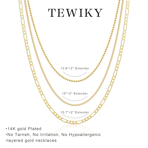 Tewiky Layered Necklaces for Women Non Tarnish- Chunky 14k Gold Plated Herringbone/Snake/Rope/Box/Cuban Link Chain for Women Waterproof Layering Stack Choker Necklace Trendy Dainty Tarnish Free Jewelry Set - color: 3 Bead/cuban/figaro-Gold