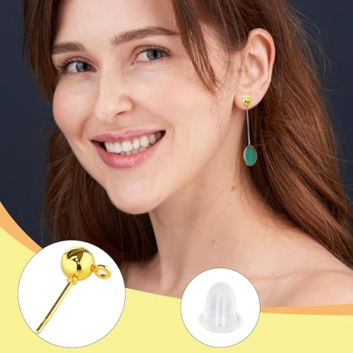 340PCS Ball Earring Studs and Backs for Jewelry Making, 140PCS Round Balls Post Earring Studs with Loop and and 200PCS Clear Backs for DIY Jewelry Making(KC Gold and White K) - color: gold and silver