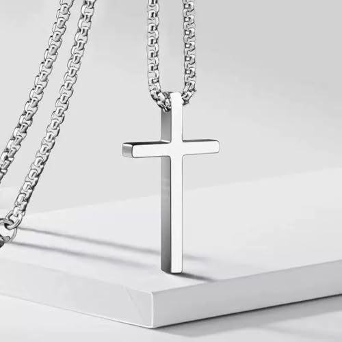 Tuefuzy Cross Necklace for Men, Silver Cross Stainless Steel Pendant Necklace, Mens Cross Chain - size: 28in