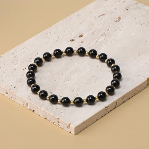 QOGIR 14k gold Handmade Healing Bracelet, Natural Gem Stone Crystal Elastic Gold Bracelet - color: Black Tourmaline - Psychic Protection, size: 6m