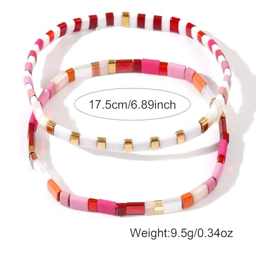 Tila Flat Beaded Bracelet for Women,Bohemian Colorful Stretch Square Glass Bead Elastic Layred Bracelet Stack, Handmade Boho Trendy Holiday Jewelry Accessories Friendship Gift - color: Pink