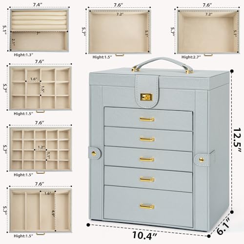 AKOZLIN 6-Tier Jewelry Box Organizer Functional Huge 5 Drawers Leather Jewelry Storage Case Grey Large